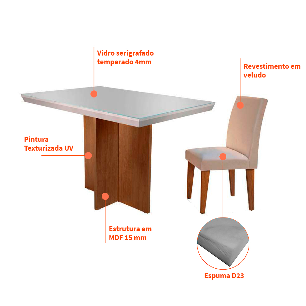 Conjunto de Mesa de Jantar Berlim II com Tampo de Vidro Off White e 4 Cadeiras Grécia Veludo Creme