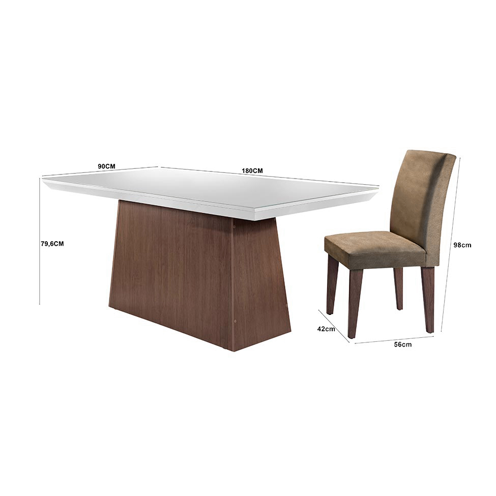 Conjunto de Mesa de Jantar Luna I com Vidro e 6 Cadeiras Grécia Veludo Chocolate e Off White