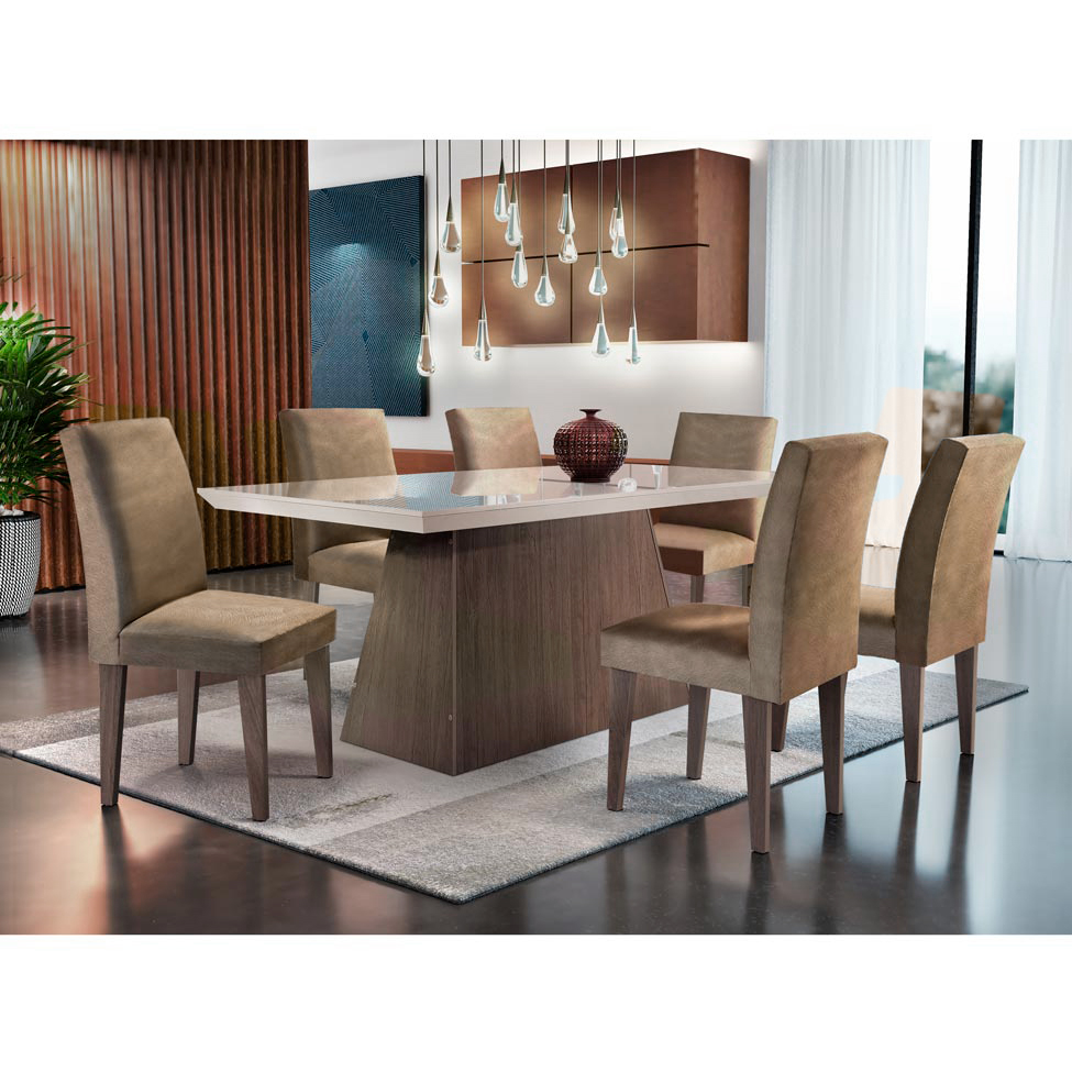 Conjunto de Mesa de Jantar Luna I com Vidro e 6 Cadeiras Grécia Veludo Chocolate e Off White
