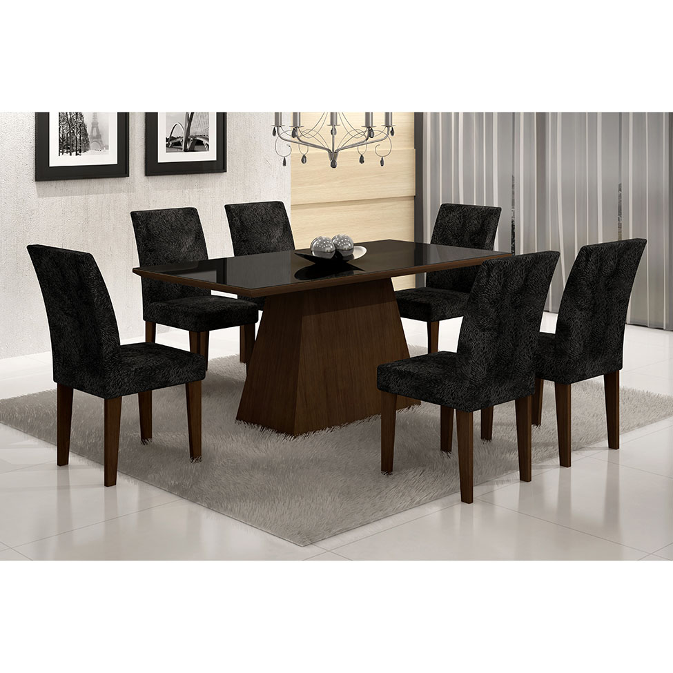 Conjunto de Mesa de Jantar Luna II com Vidro e 6 Cadeiras Grécia Suede Castor e Preto