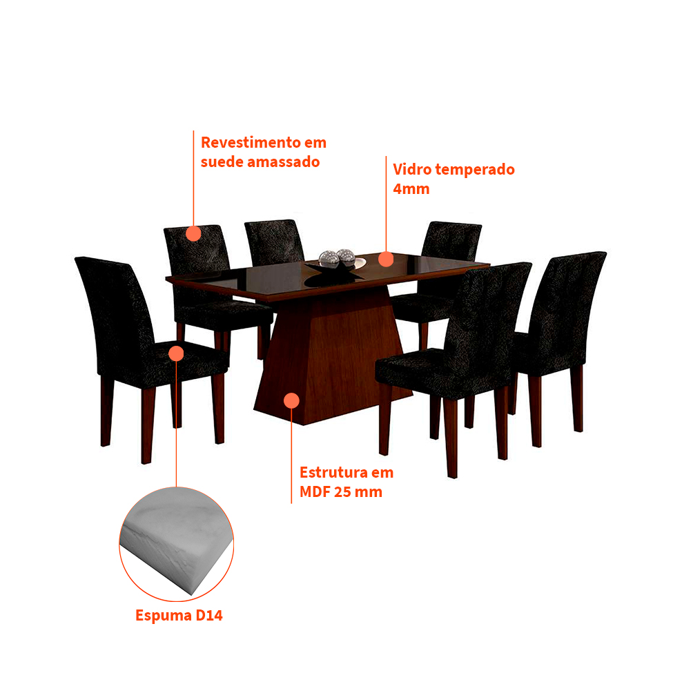 Conjunto de Mesa de Jantar Luna II com Vidro e 6 Cadeiras Grécia Suede Castor e Preto