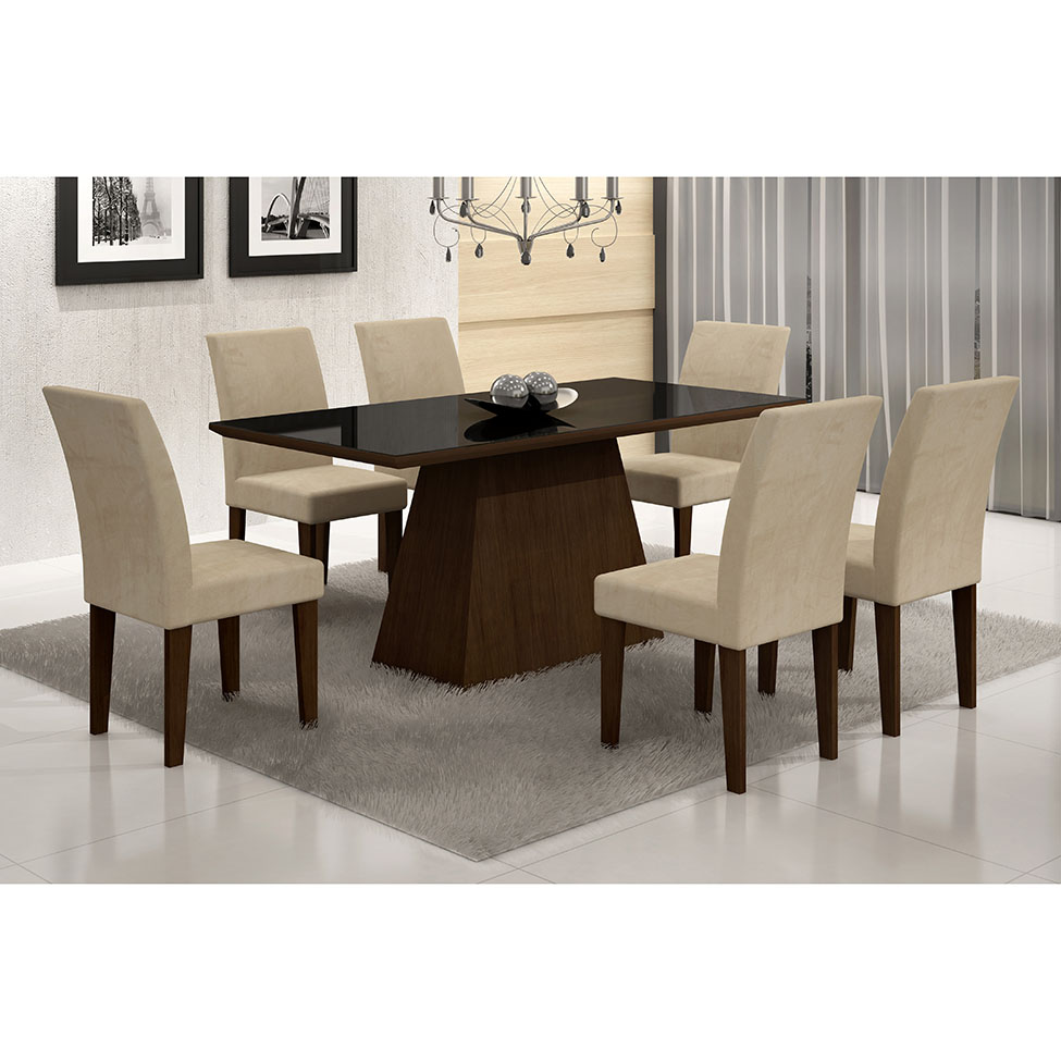 Conjunto de Mesa de Jantar Luna II com Vidro e 6 Cadeiras Grécia Veludo Castor e Creme