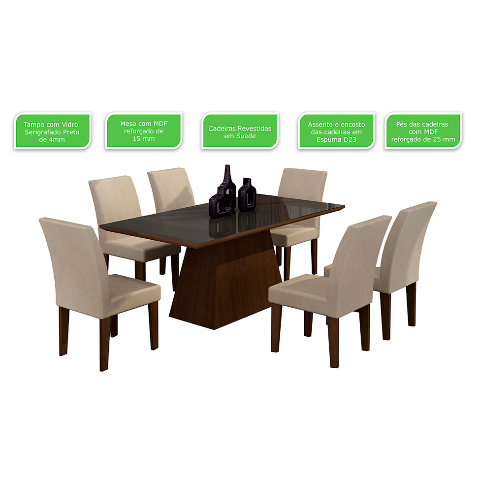 Conjunto de Mesa de Jantar Luna II com Vidro e 6 Cadeiras Grécia Veludo Castor e Creme