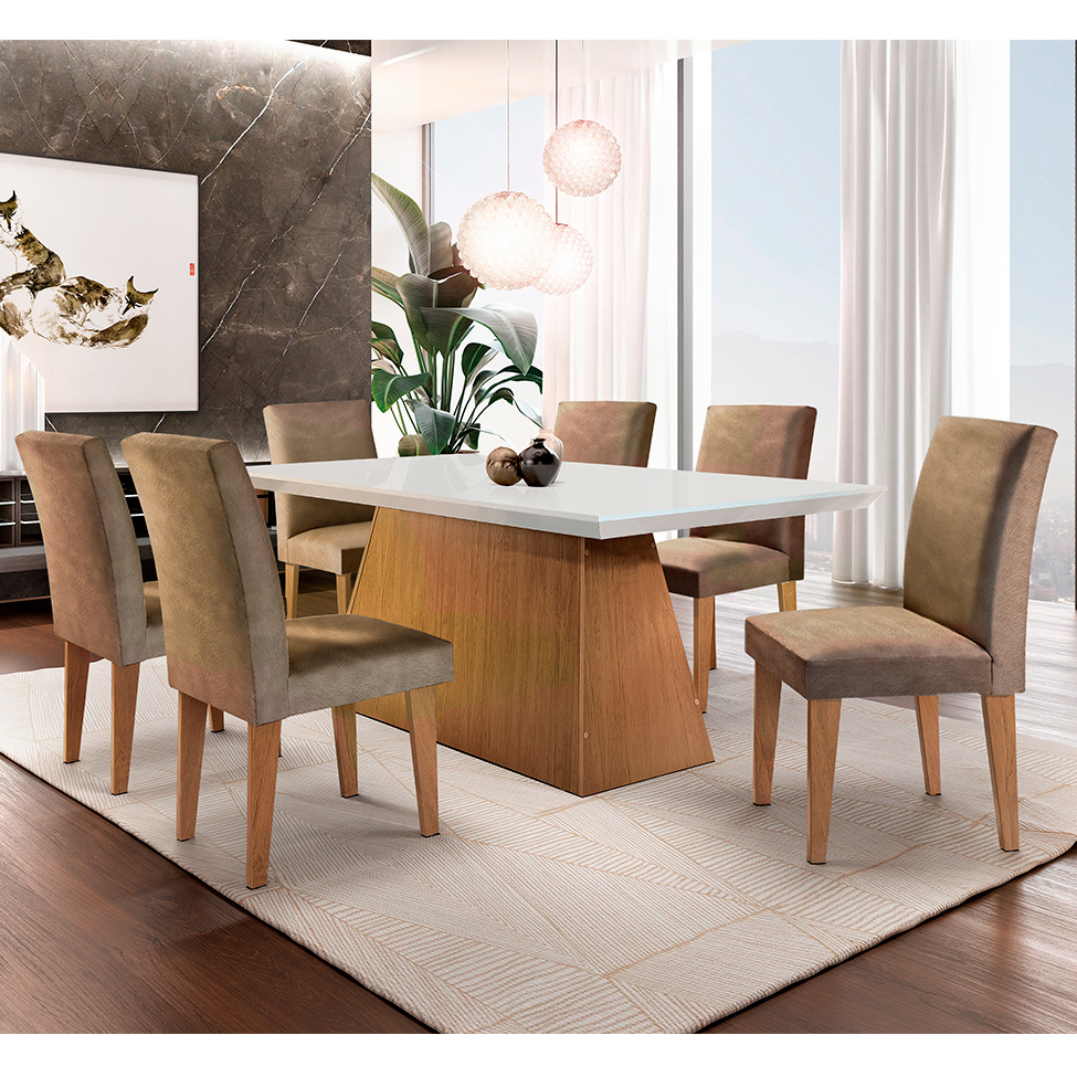Conjunto de Mesa de Jantar Luna com 6 Cadeiras Estofadas Grécia I Animalle Off White e Chocolate