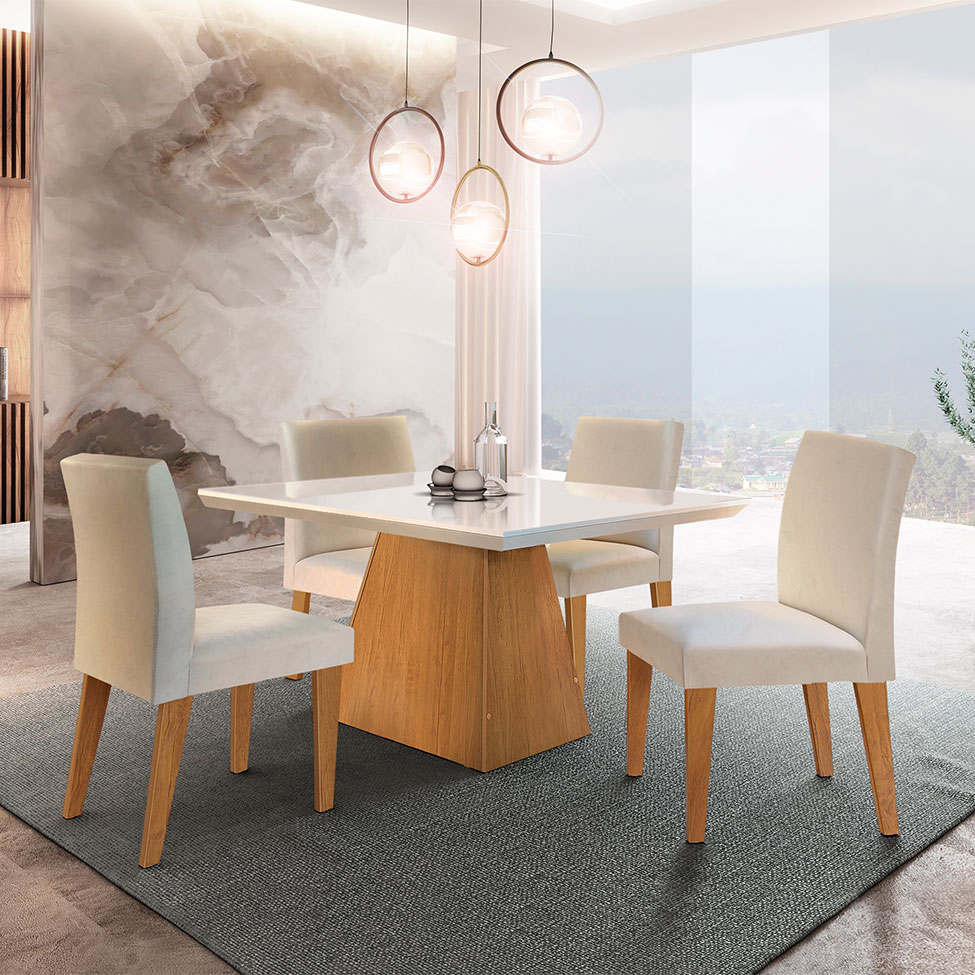 Conjunto de Mesa de Jantar Luna com Tampo Off White e 4 Cadeiras Grécia Veludo Creme e Imbuia