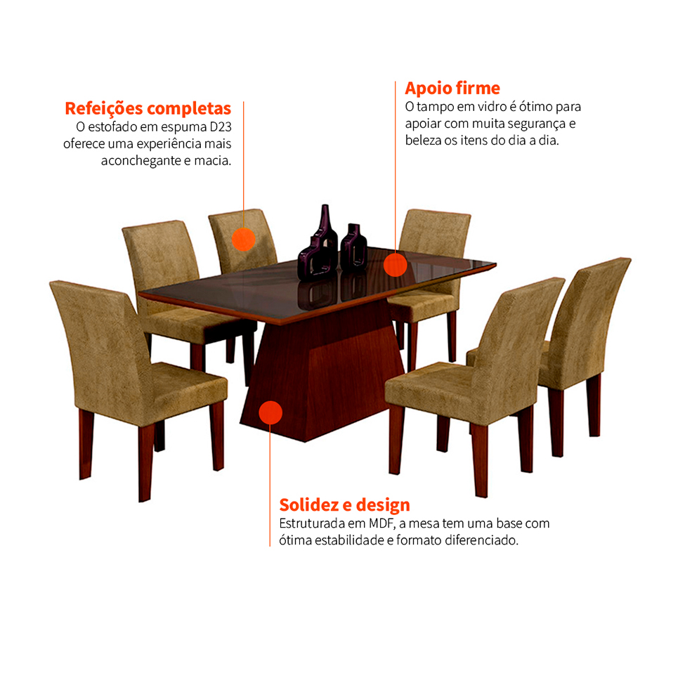 Conjunto de Mesa de Jantar Luna com Vidro e 6 Cadeiras Grécia Castor Preto Com Animalle Chocolate