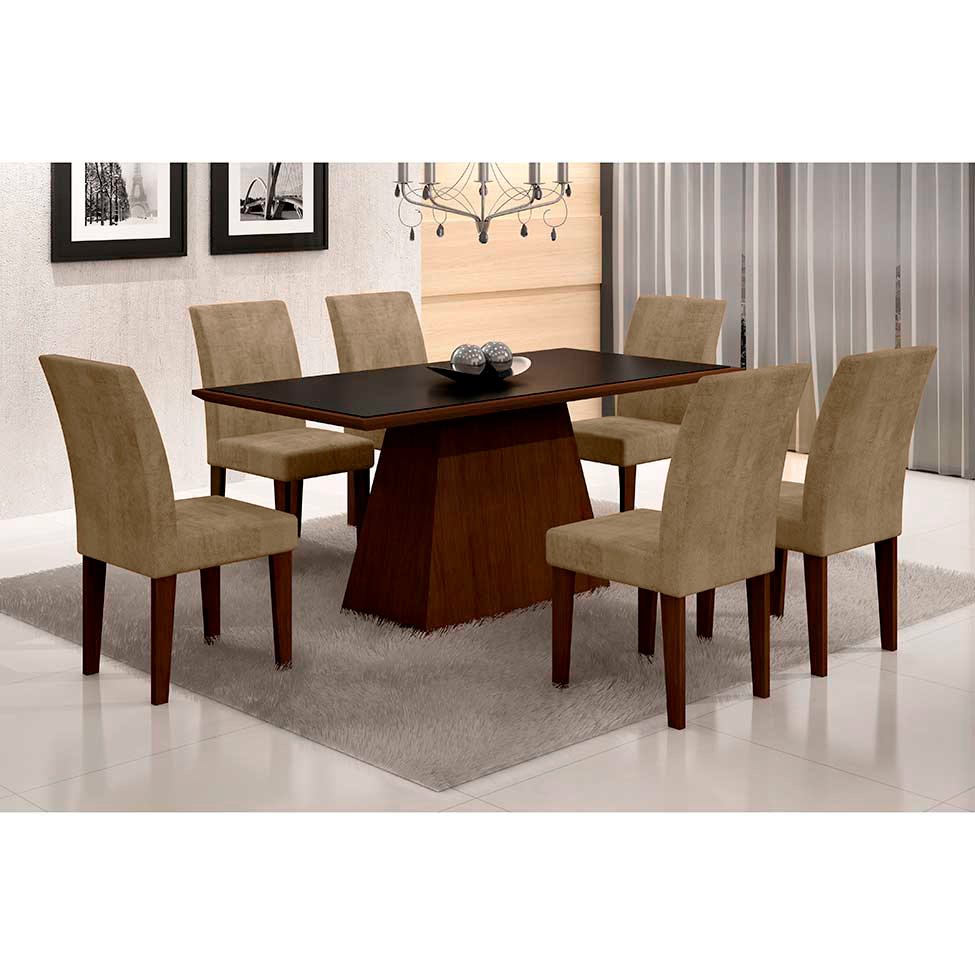 Conjunto de Mesa de Jantar Luna com Vidro e 6 Cadeiras Grécia Castor Preto Com Animalle Chocolate