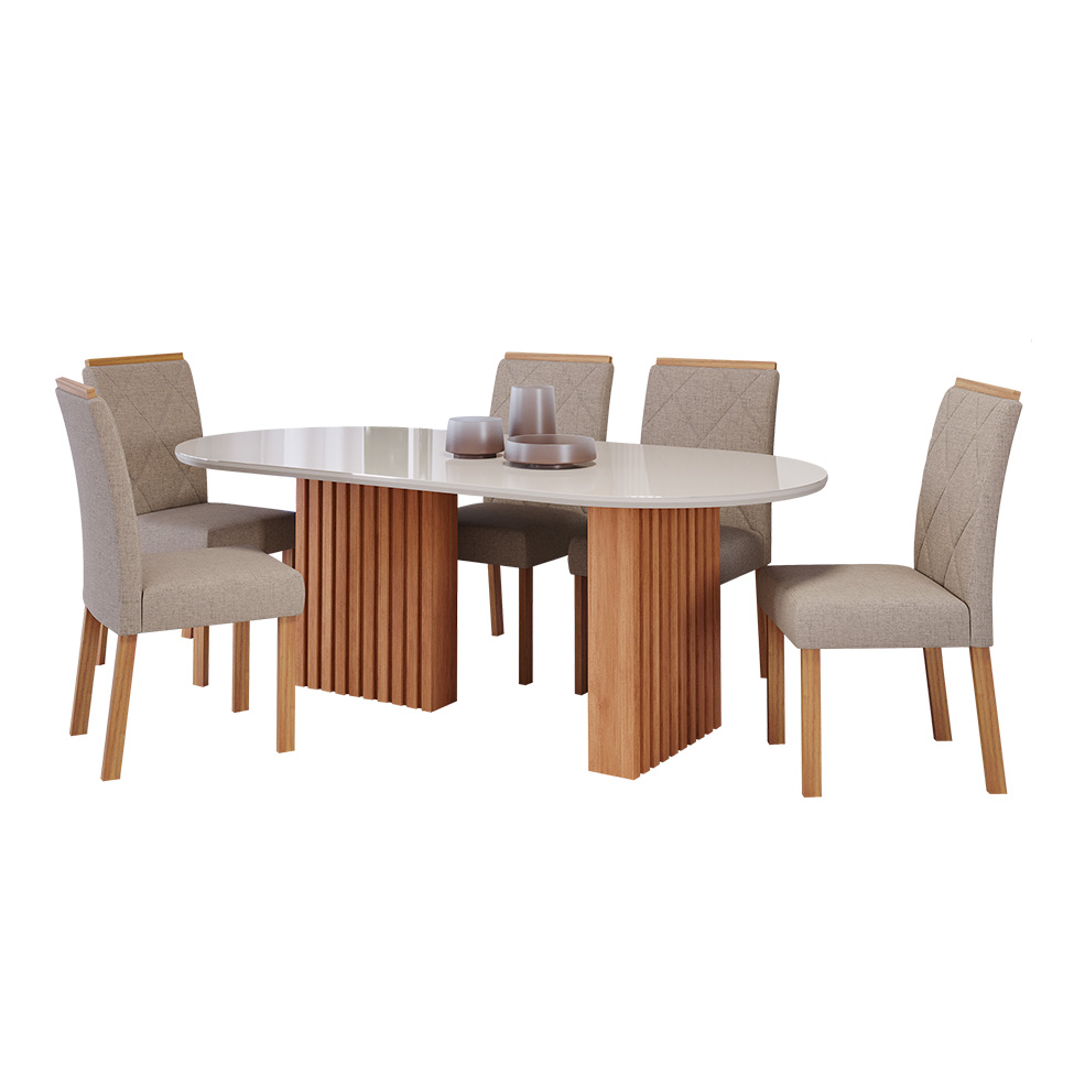 Conjunto de Mesa de Jantar Oval com Tampo de Vidro Off White Ester e 6 Cadeiras Fernanda Linho Bege e Cinamomo
