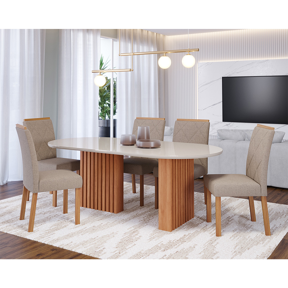 Conjunto de Mesa de Jantar Oval com Tampo de Vidro Off White Ester e 6 Cadeiras Fernanda Linho Bege e Cinamomo