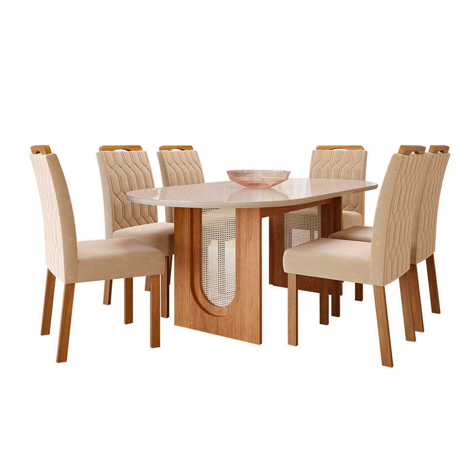 Conjunto de Mesa de Jantar Oval com Tampo de Vidro Off White Valentina e 6  Cadeiras