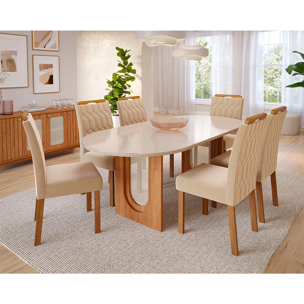 Conjunto de Mesa de Jantar Oval com Tampo de Vidro Off White Valentina e 6 Cadeiras Paola Suede Nude e Cinamomo