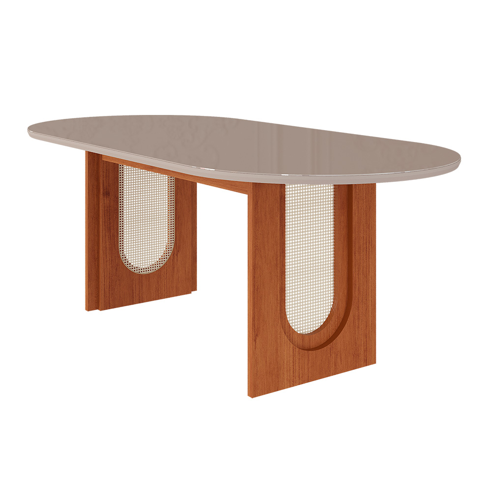 Conjunto de Mesa de Jantar Oval com Tampo de Vidro Off White Valentina e 6 Cadeiras Paola Suede Nude e Cinamomo