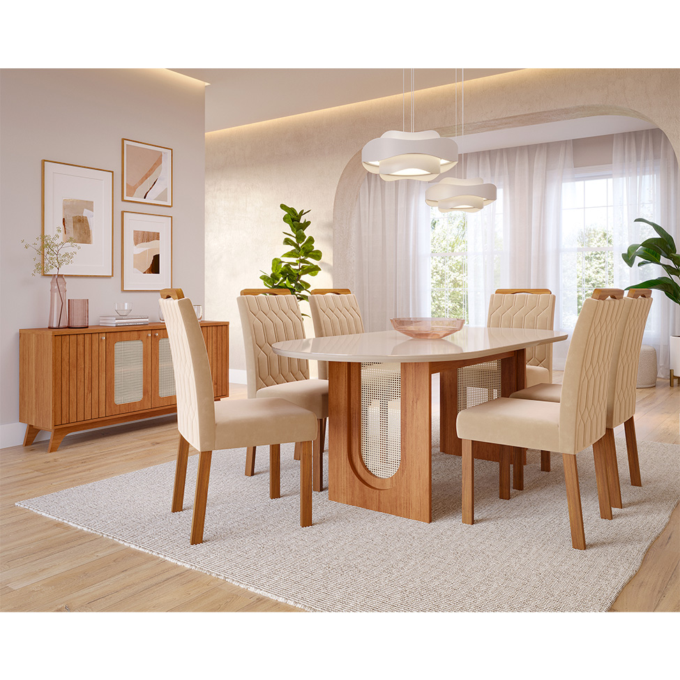 Conjunto de Mesa de Jantar Oval com Tampo de Vidro Off White Valentina e 6 Cadeiras Paola Suede Nude e Cinamomo