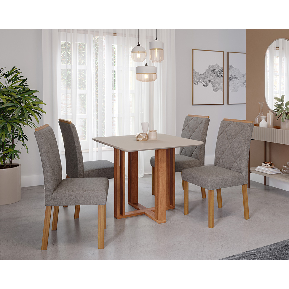 Conjunto de Mesa de Jantar Quadrada Com Tampo MDF Off White Flora e 4 Cadeiras Fernanda Linho Grafite e Cinamomo