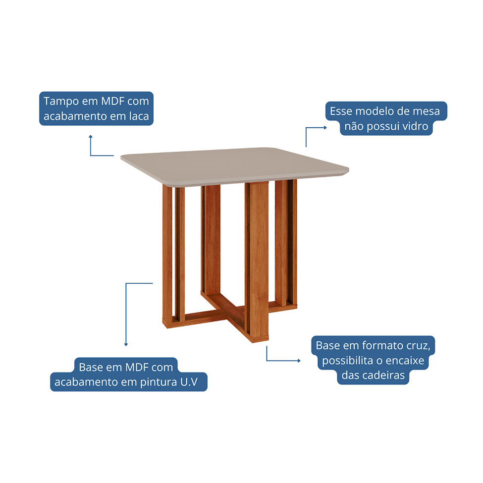 Conjunto de Mesa de Jantar Quadrada Com Tampo MDF Off White Flora e 4 Cadeiras Fernanda Linho Grafite e Cinamomo