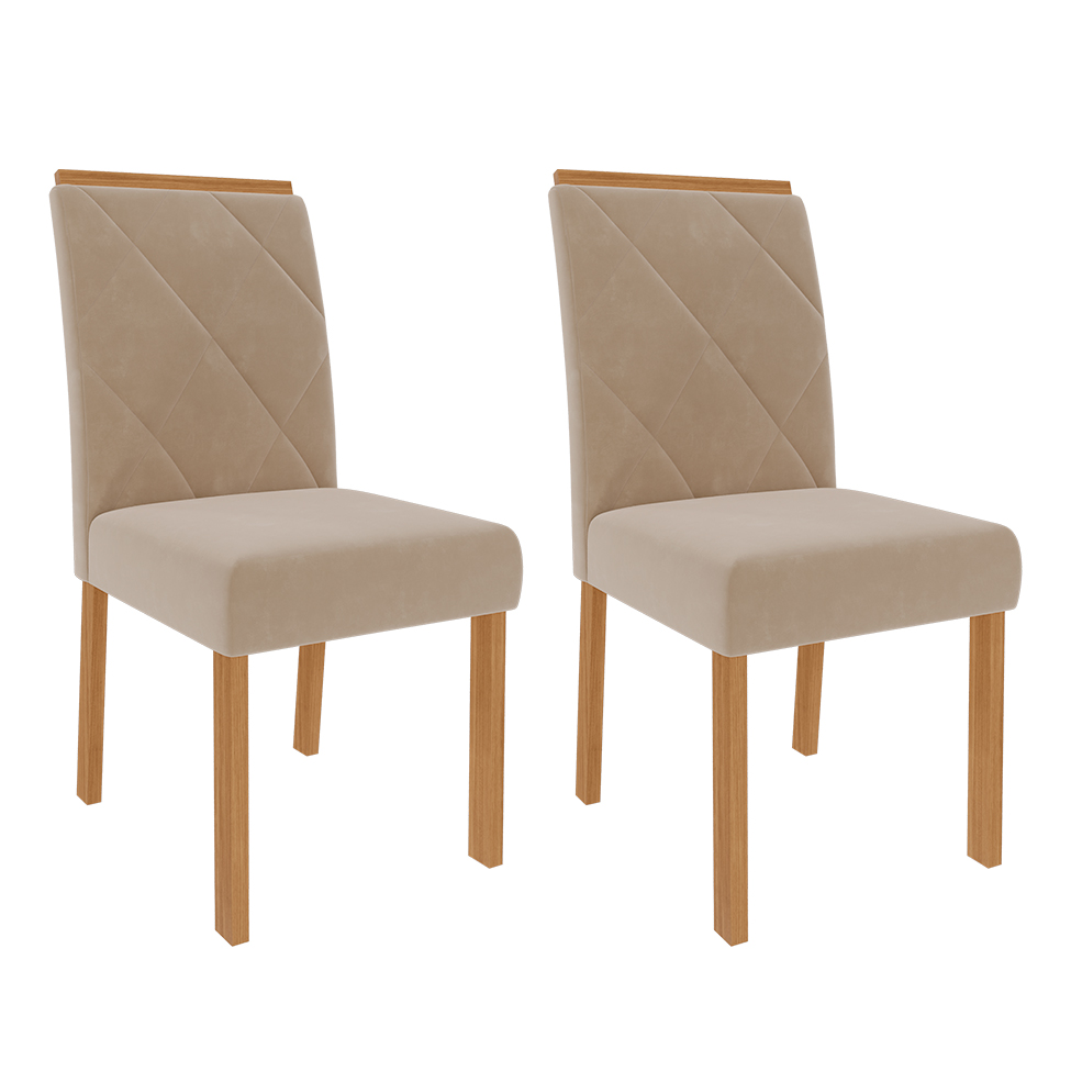Conjunto de Mesa de Jantar Quadrada com Tampo de Vidro Off White Ana e 8 Cadeiras Fernanda Suede Nude e Nature