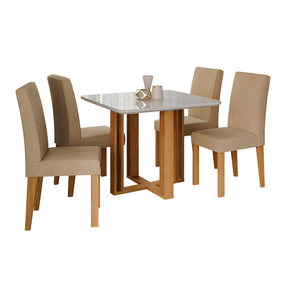 Conjunto de Mesa de Jantar Quadrada com Tampo de Vidro Off White Flora e 4 Cadeiras Maia Linho Gengibre e Nature