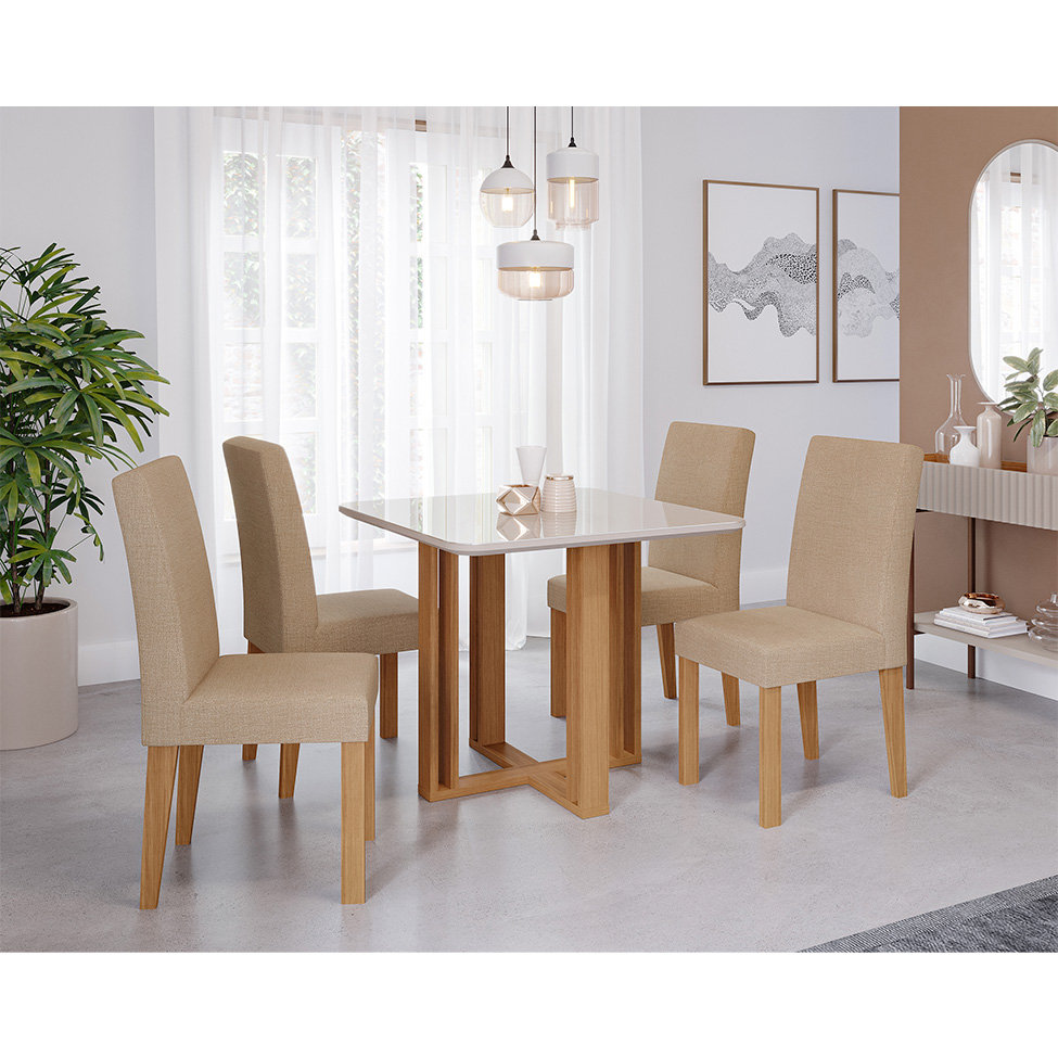 Conjunto de Mesa de Jantar Quadrada com Tampo de Vidro Off White Flora e 4 Cadeiras Maia Linho Gengibre e Nature