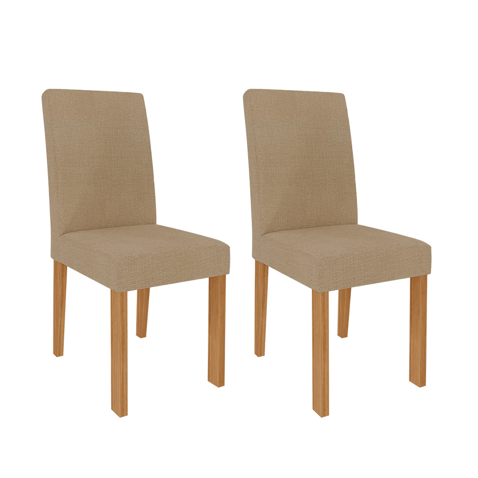 Conjunto de Mesa de Jantar Quadrada com Tampo de Vidro Off White Flora e 4 Cadeiras Maia Linho Gengibre e Nature