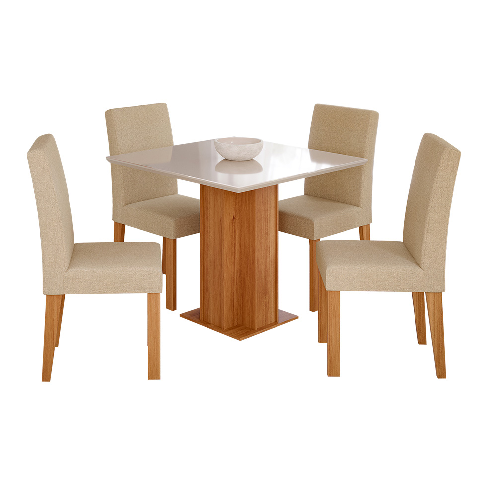 Conjunto de Mesa de Jantar Quadrada com Tampo de Vidro Off White Sophia e 4 Cadeiras Maia Linho Gengibre e Cinamomo