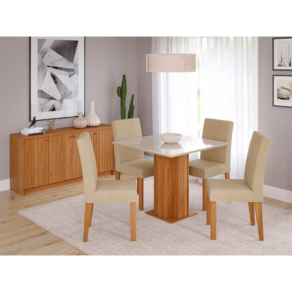 Conjunto de Mesa de Jantar Quadrada com Tampo de Vidro Off White Sophia e 4 Cadeiras Maia Linho Gengibre e Cinamomo