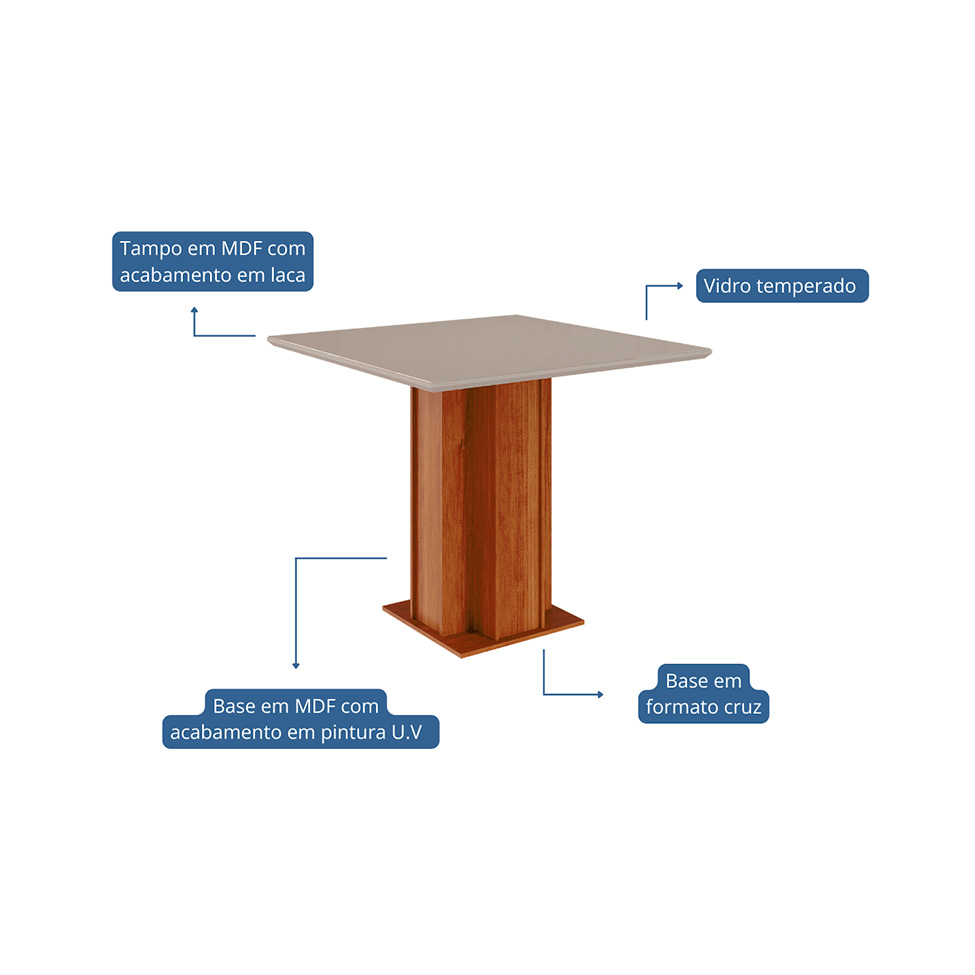 Conjunto de Mesa de Jantar Quadrada com Tampo de Vidro Off White Sophia e 4 Cadeiras Maia Linho Gengibre e Cinamomo