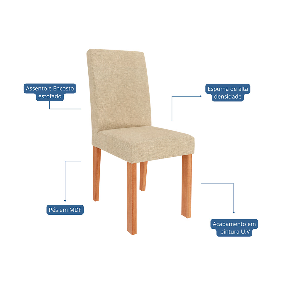 Conjunto de Mesa de Jantar Quadrada com Tampo de Vidro Off White Sophia e 4 Cadeiras Maia Linho Gengibre e Cinamomo