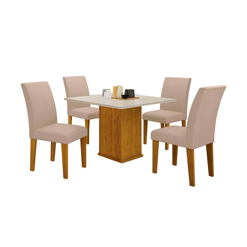 Conjunto de Mesa de Jantar Quadrada com Tampo de Vidro Off White e 4 Cadeiras Napoli Veludo Palha e Freijó