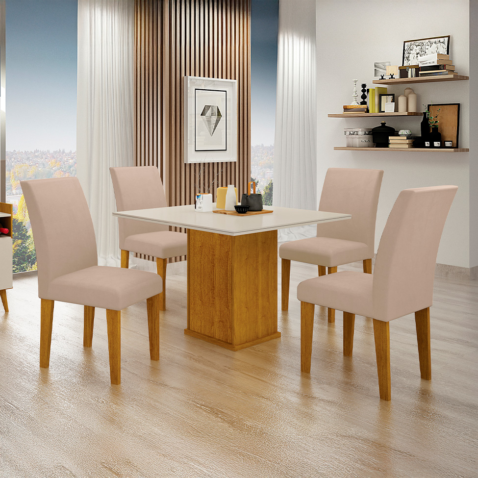 Conjunto de Mesa de Jantar Quadrada com Tampo de Vidro Off White e 4 Cadeiras Napoli Veludo Palha e Freijó