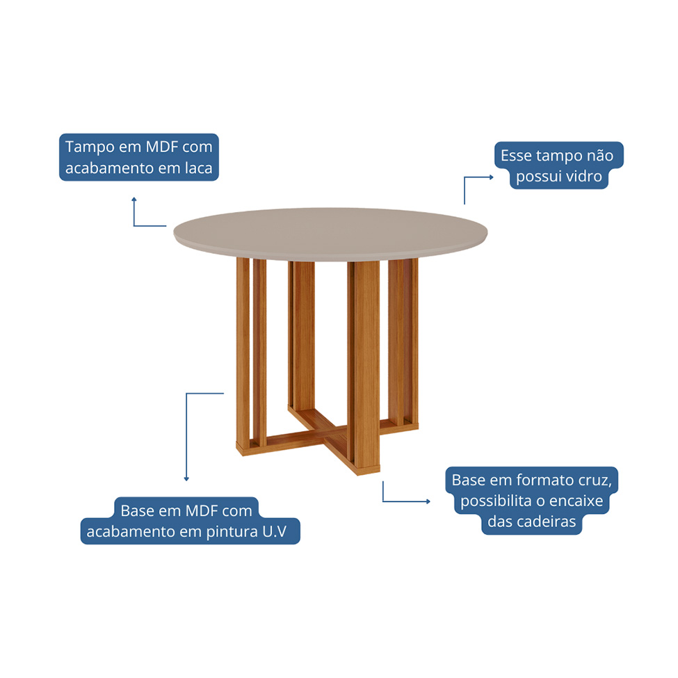 Conjunto de Mesa de Jantar Redonda com Tampo MDF Off White Flora e 4 Cadeiras Nicole Suede Nude e Nature