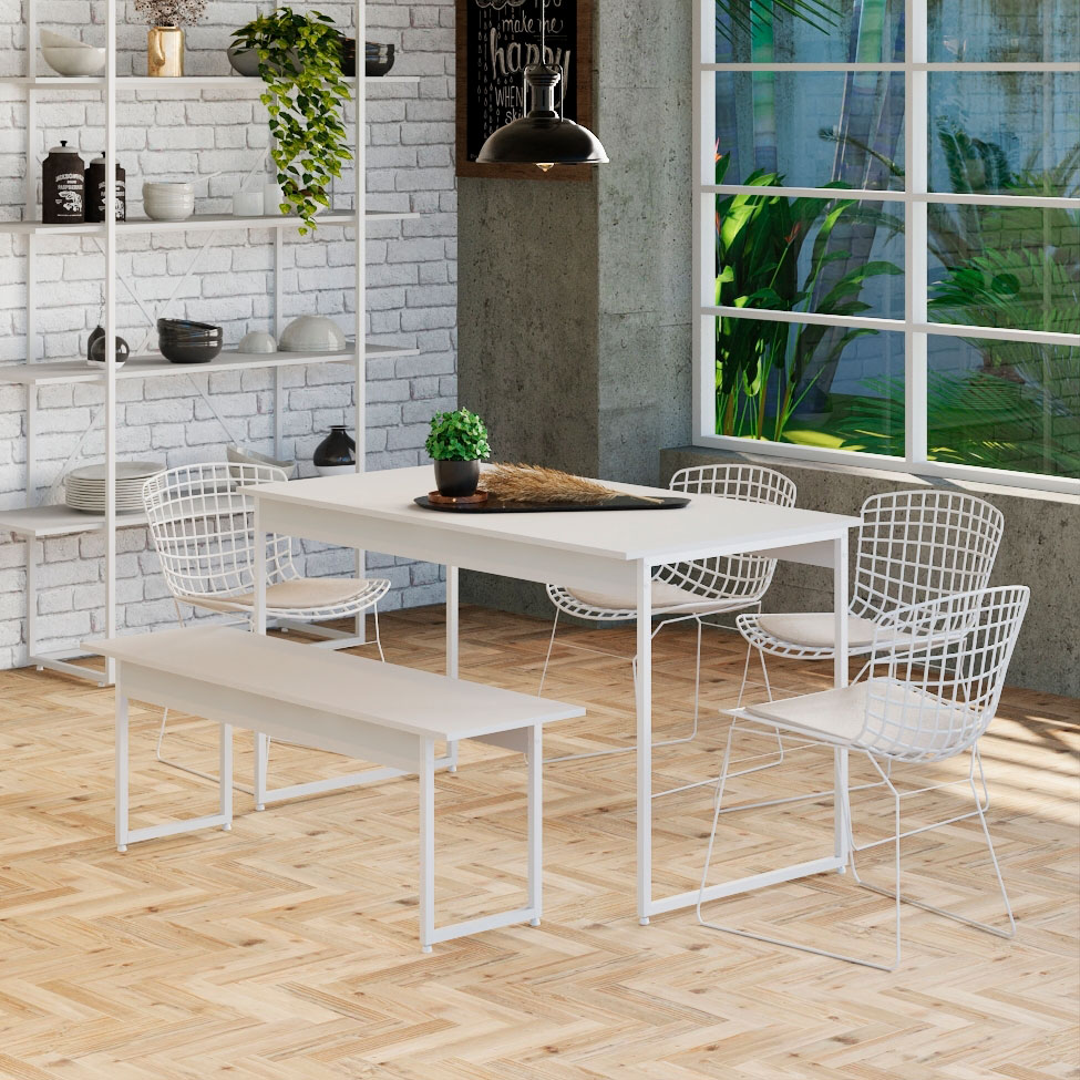 Conjunto de Mesa de Jantar Retangular com 1 Banco Studio Branco