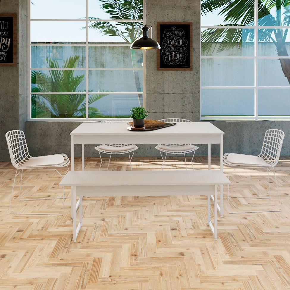 Conjunto de Mesa de Jantar Retangular com 1 Banco Studio Branco