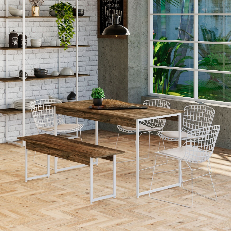 Conjunto de Mesa de Jantar Retangular com 1 Banco Studio Carvalho Dark e Branco