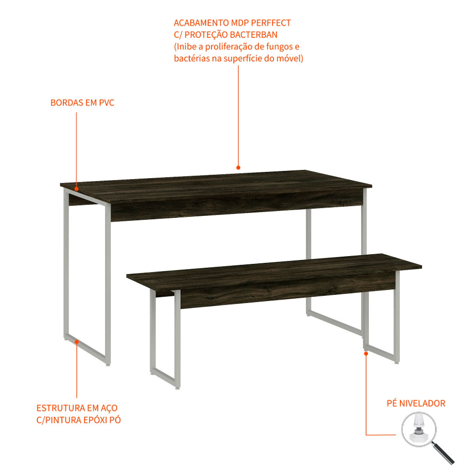 Conjunto de Mesa de Jantar Retangular com 1 Banco Studio Carvalho Dark e Branco