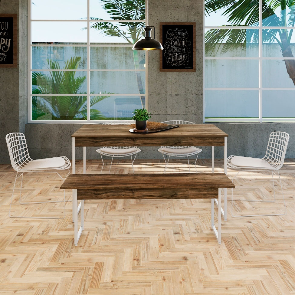 Conjunto de Mesa de Jantar Retangular com 1 Banco Studio Carvalho Dark e Branco