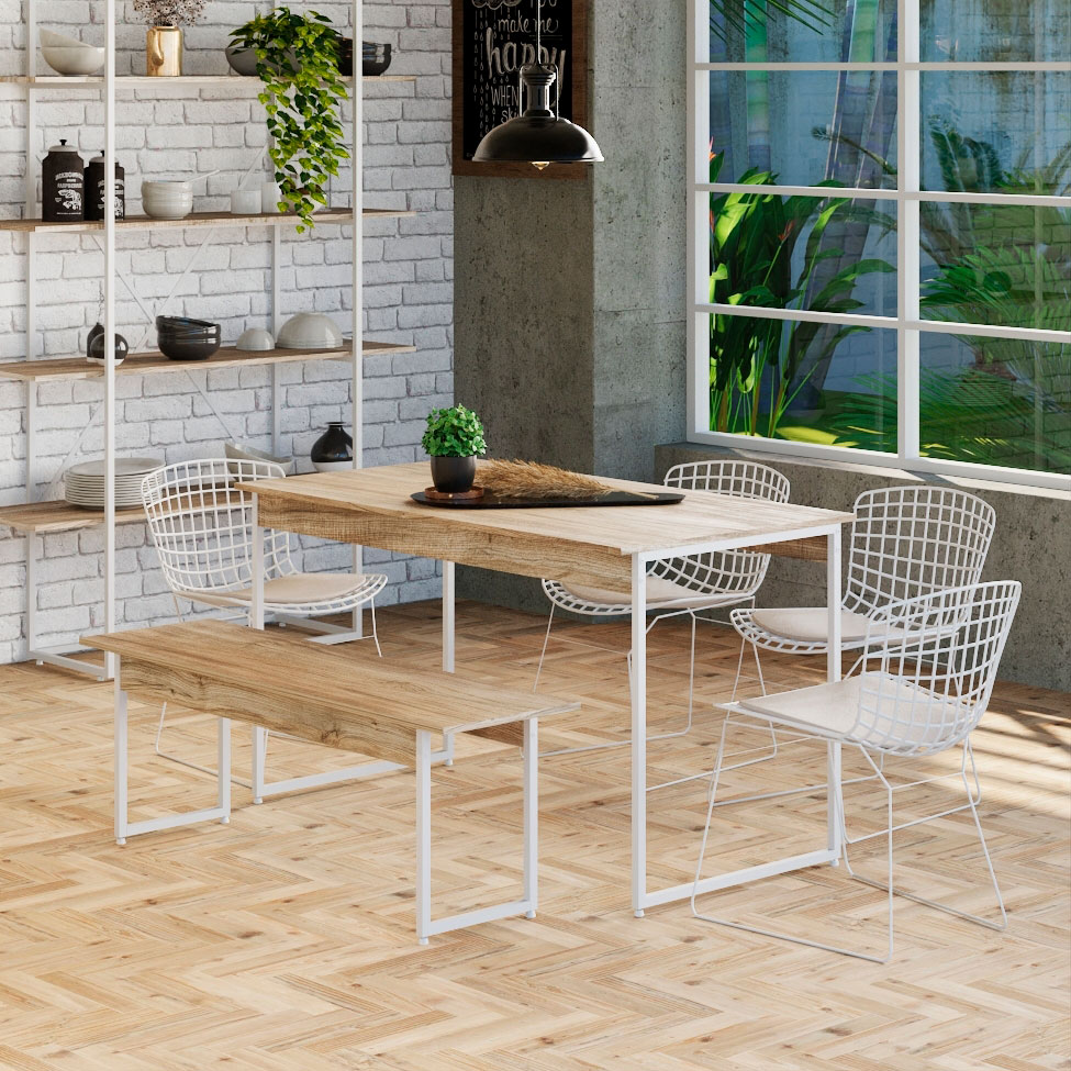 Conjunto de Mesa de Jantar Retangular com 1 Banco Studio Carvalho e Branco