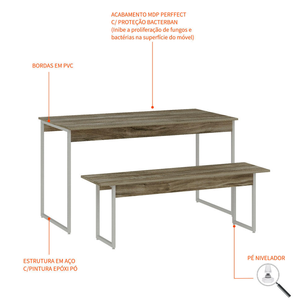 Conjunto de Mesa de Jantar Retangular com 1 Banco Studio Carvalho e Branco