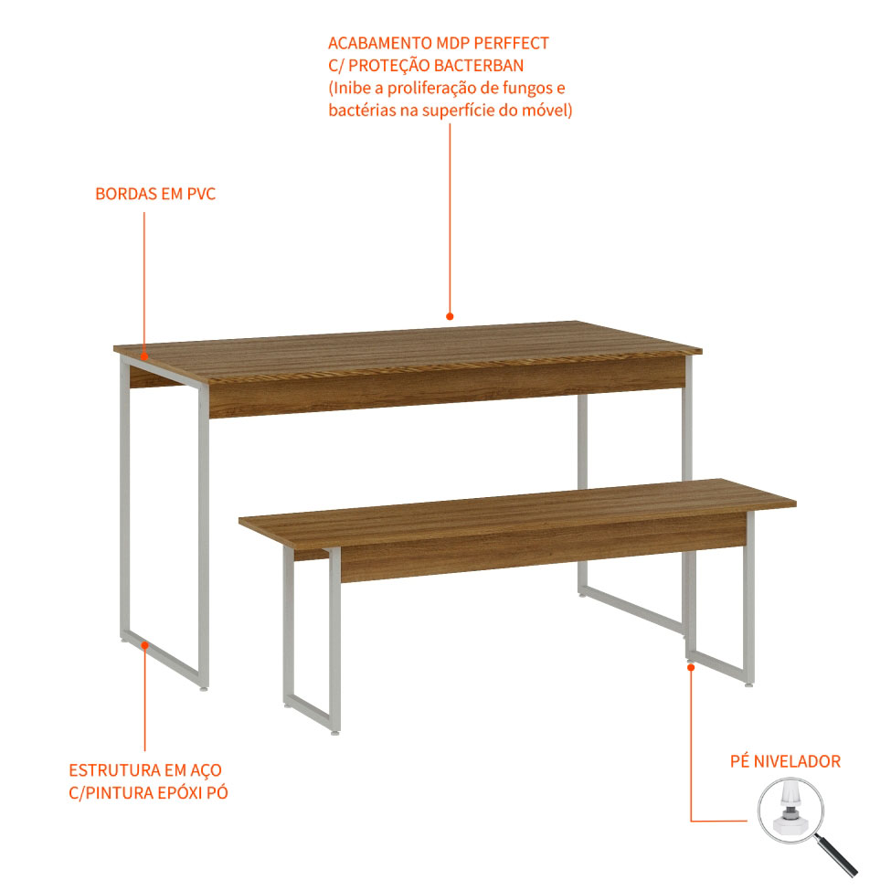 Conjunto de Mesa de Jantar Retangular com 1 Banco Studio Mel e Branco