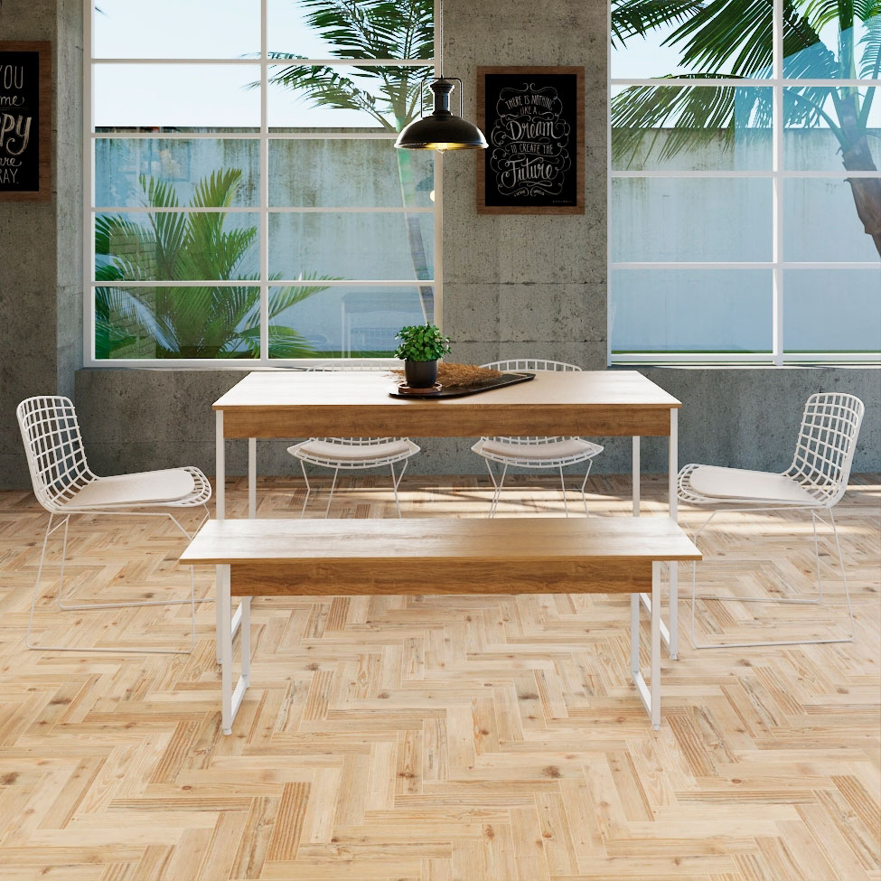 Conjunto de Mesa de Jantar Retangular com 1 Banco Studio Mel e Branco