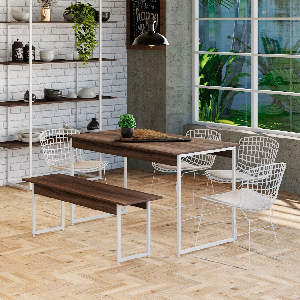 Conjunto de Mesa de Jantar Retangular com 1 Banco Studio Nogal e Branco