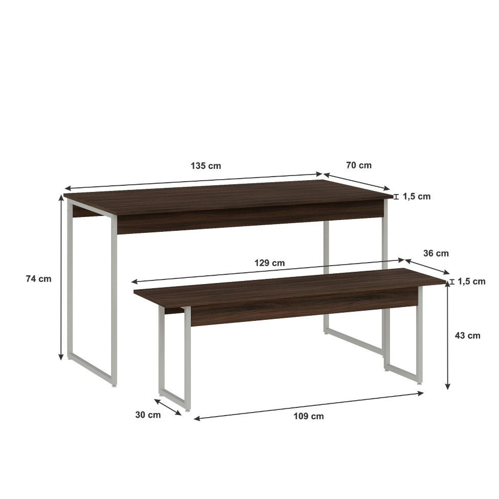 Conjunto de Mesa de Jantar Retangular com 1 Banco Studio Nogal e Branco