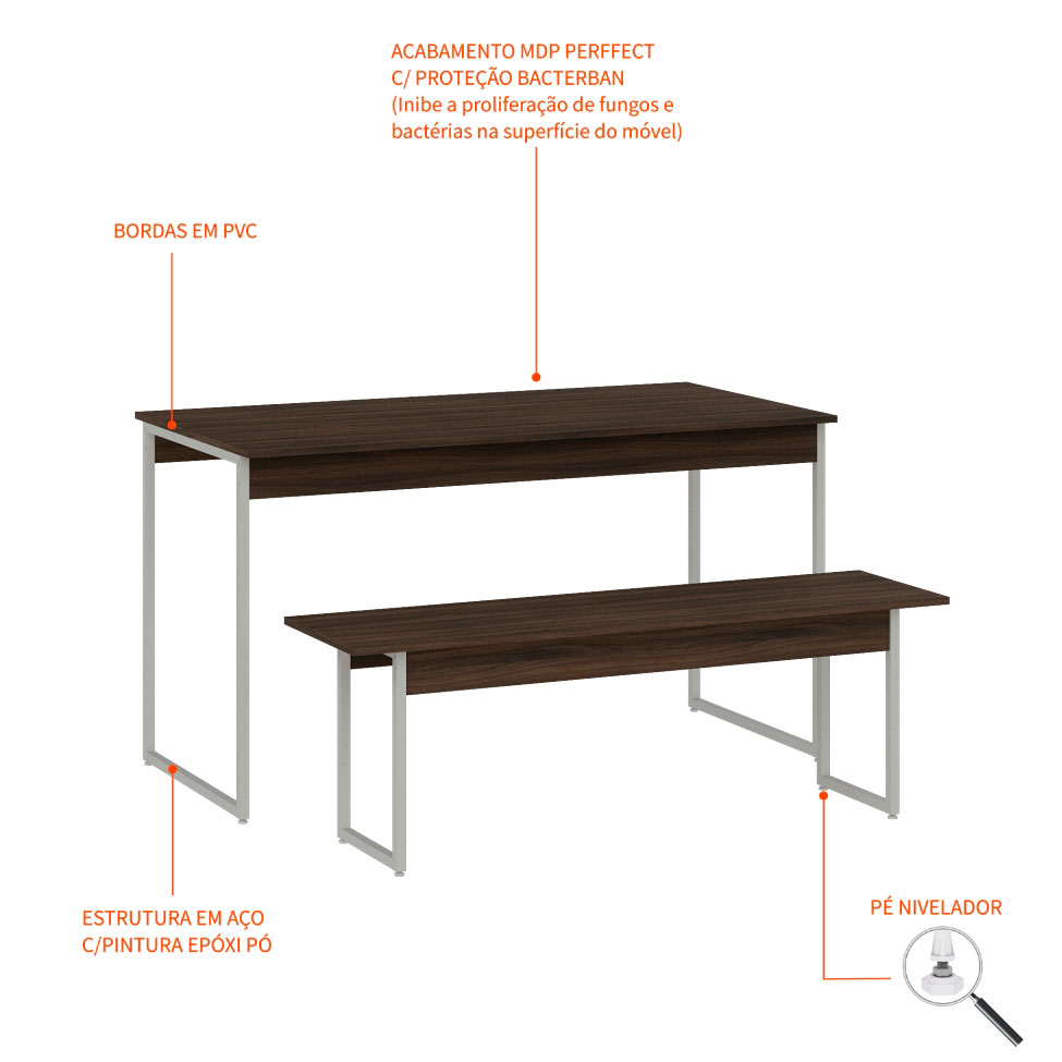 Conjunto de Mesa de Jantar Retangular com 1 Banco Studio Nogal e Branco