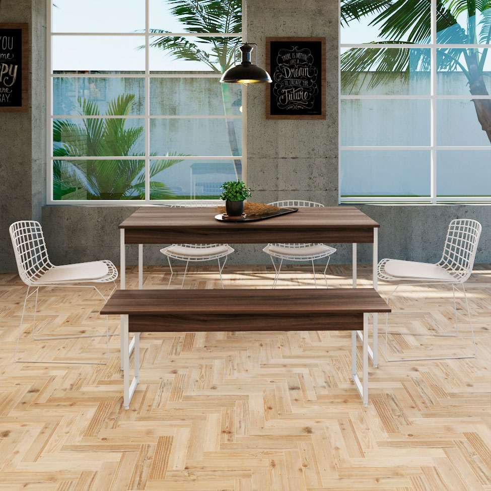 Conjunto de Mesa de Jantar Retangular com 1 Banco Studio Nogal e Branco