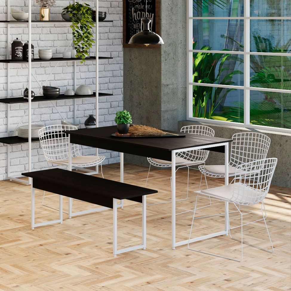 Conjunto de Mesa de Jantar Retangular com 1 Banco Studio Preto e Branco