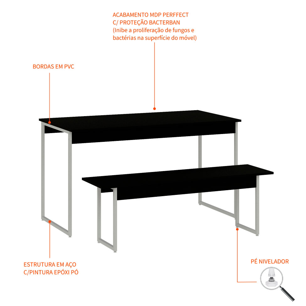 Conjunto de Mesa de Jantar Retangular com 1 Banco Studio Preto e Branco