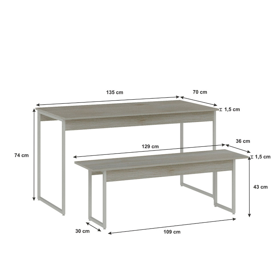 Conjunto de Mesa de Jantar Retangular com 1 Banco Studio Snow e Branco