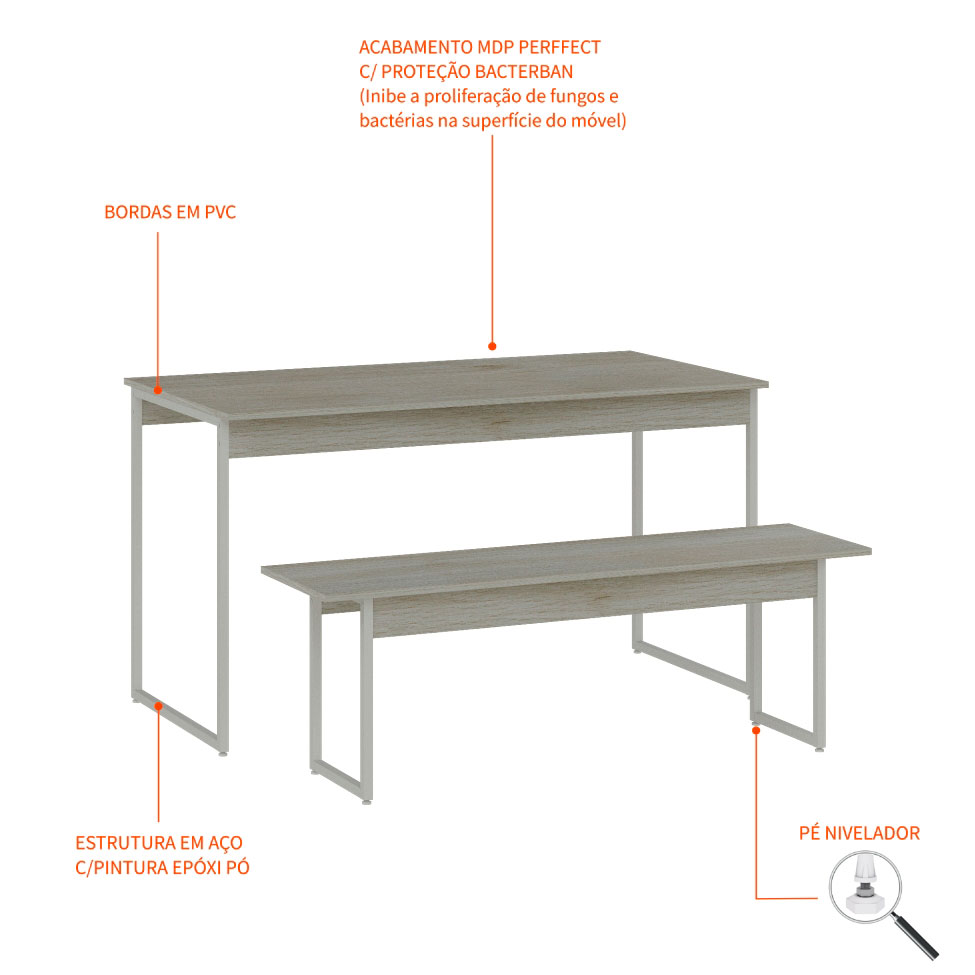 Conjunto de Mesa de Jantar Retangular com 1 Banco Studio Snow e Branco
