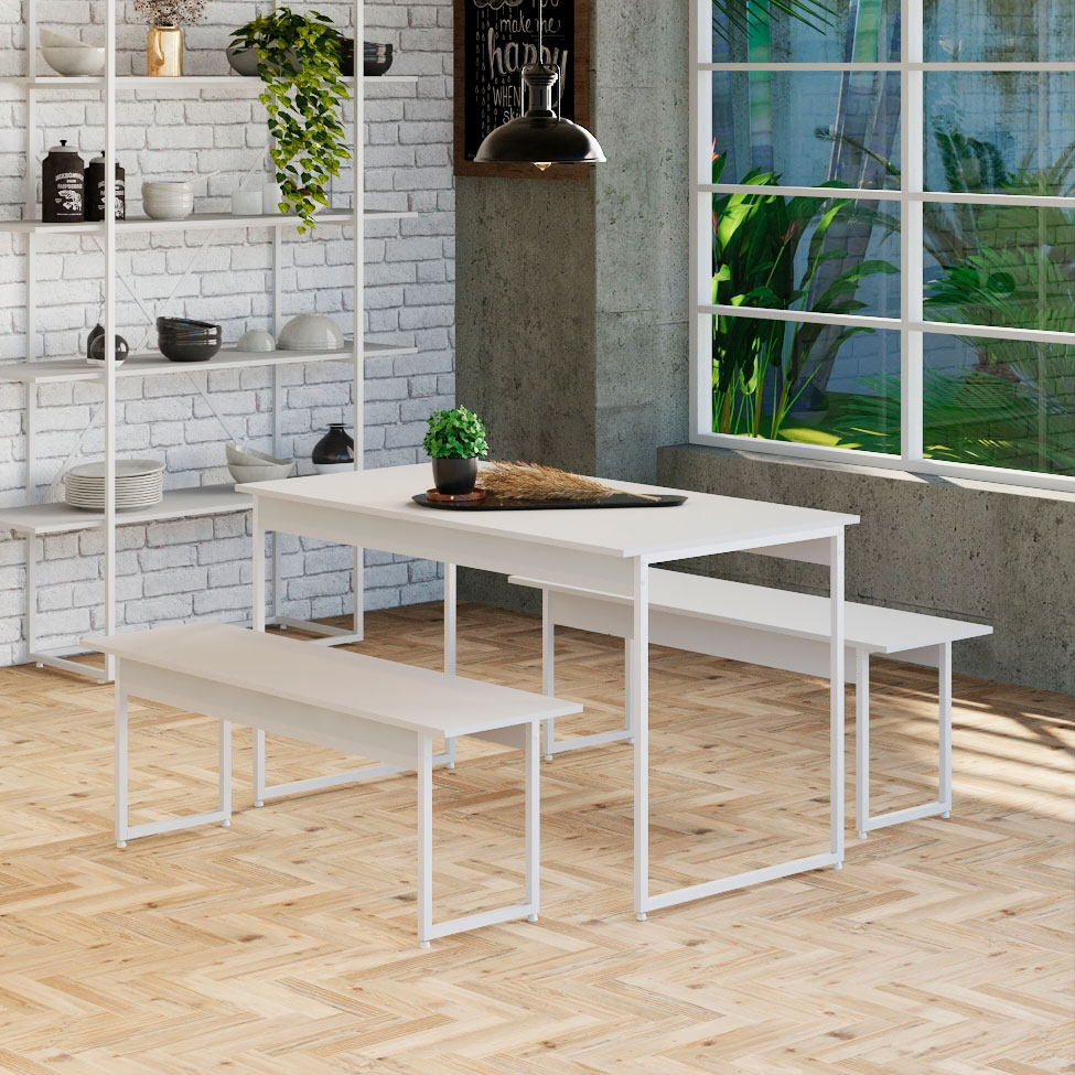 Conjunto de Mesa de Jantar Retangular com 2 Bancos Studio Branco