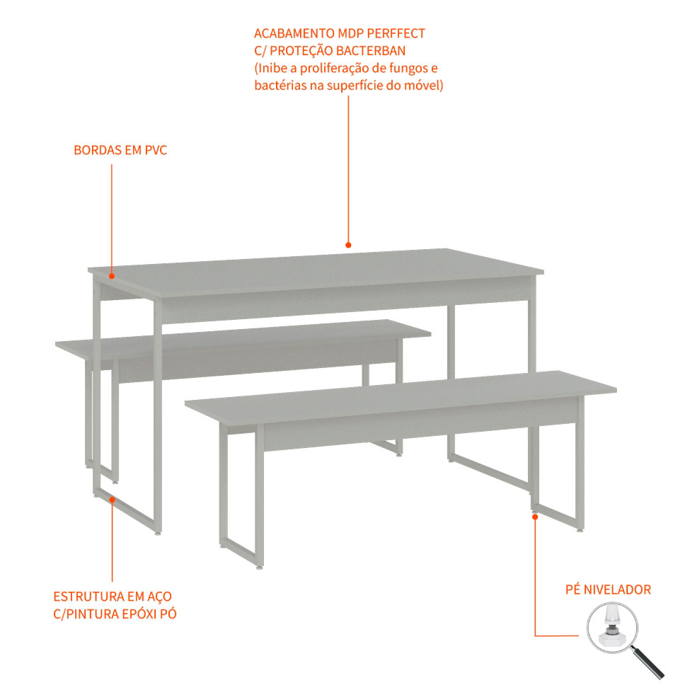 Conjunto de Mesa de Jantar Retangular com 2 Bancos Studio Branco