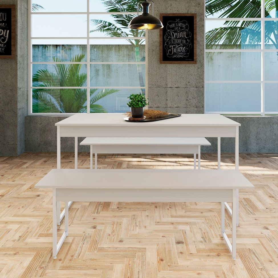 Conjunto de Mesa de Jantar Retangular com 2 Bancos Studio Branco